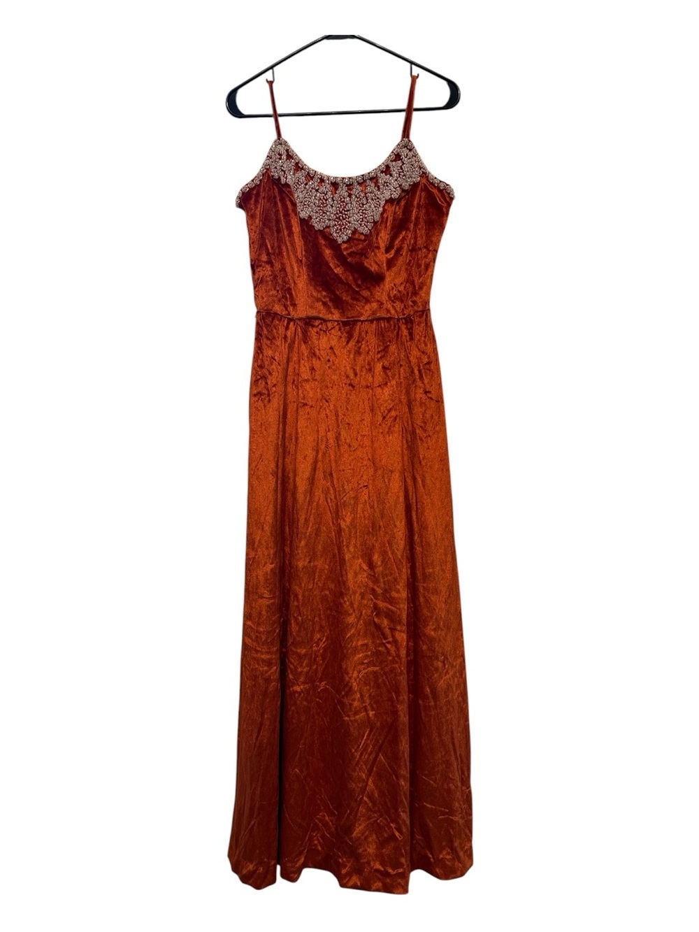 True Vintage Handmade Rust Orange Velvet Maxi Dress with Beaded Lace Trim S/M